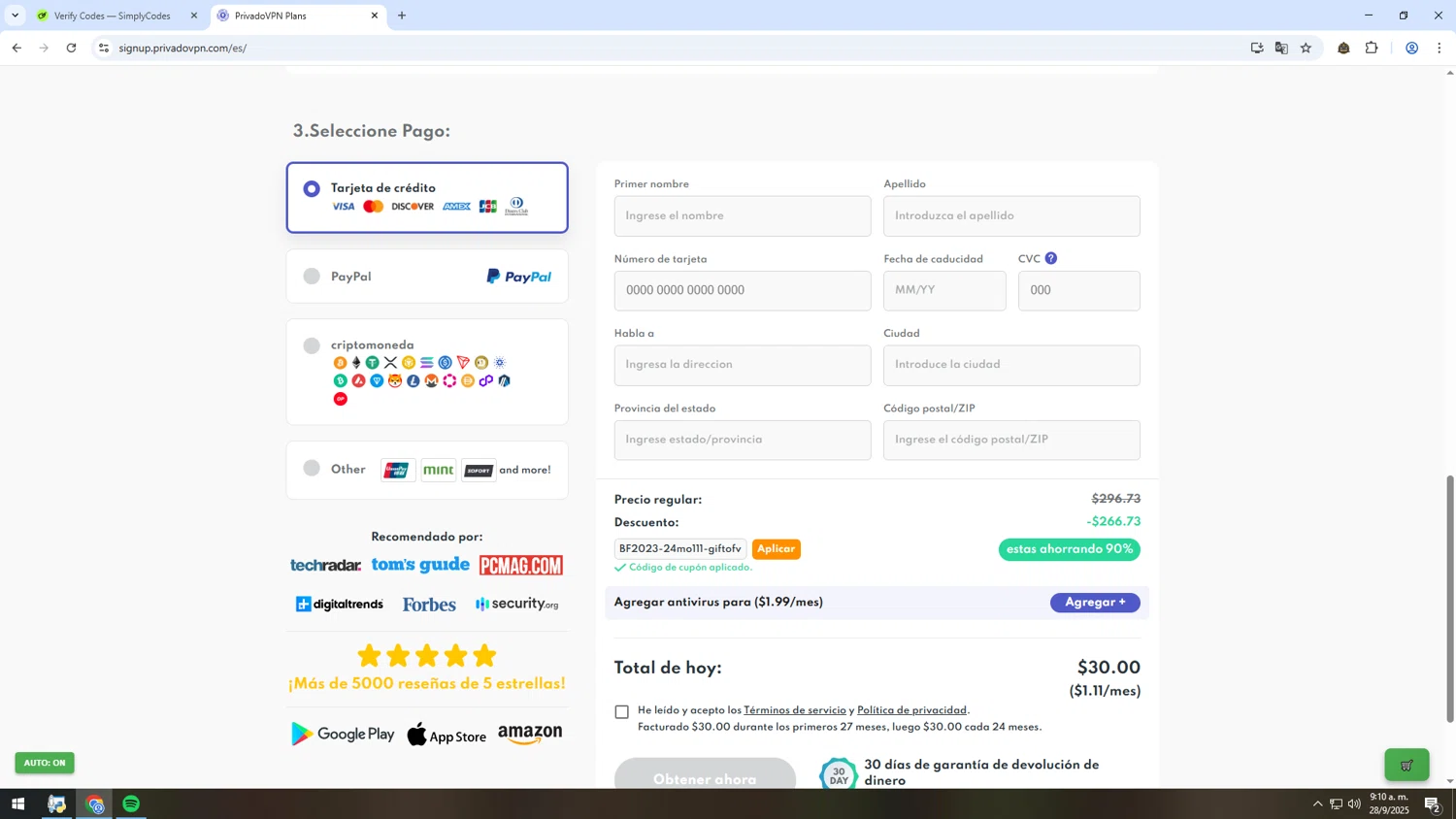 PrivadoVPN promo code screenshot showing code BF2023-24mo111-giftofvpn applied at PrivadoVPN checkout page. Uploaded by SimplyCodes community member HUMANIZER on Sep 28, 2025