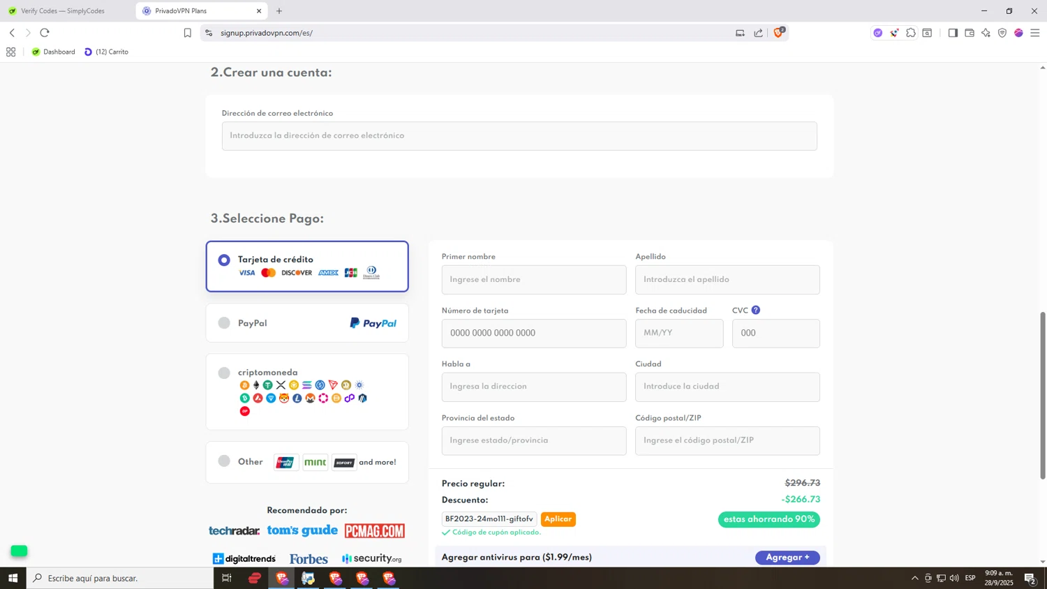 PrivadoVPN promo code screenshot showing code BF2023-24mo111-giftofvpn applied at PrivadoVPN checkout page. Uploaded by SimplyCodes community member Nezukooo on Sep 28, 2025