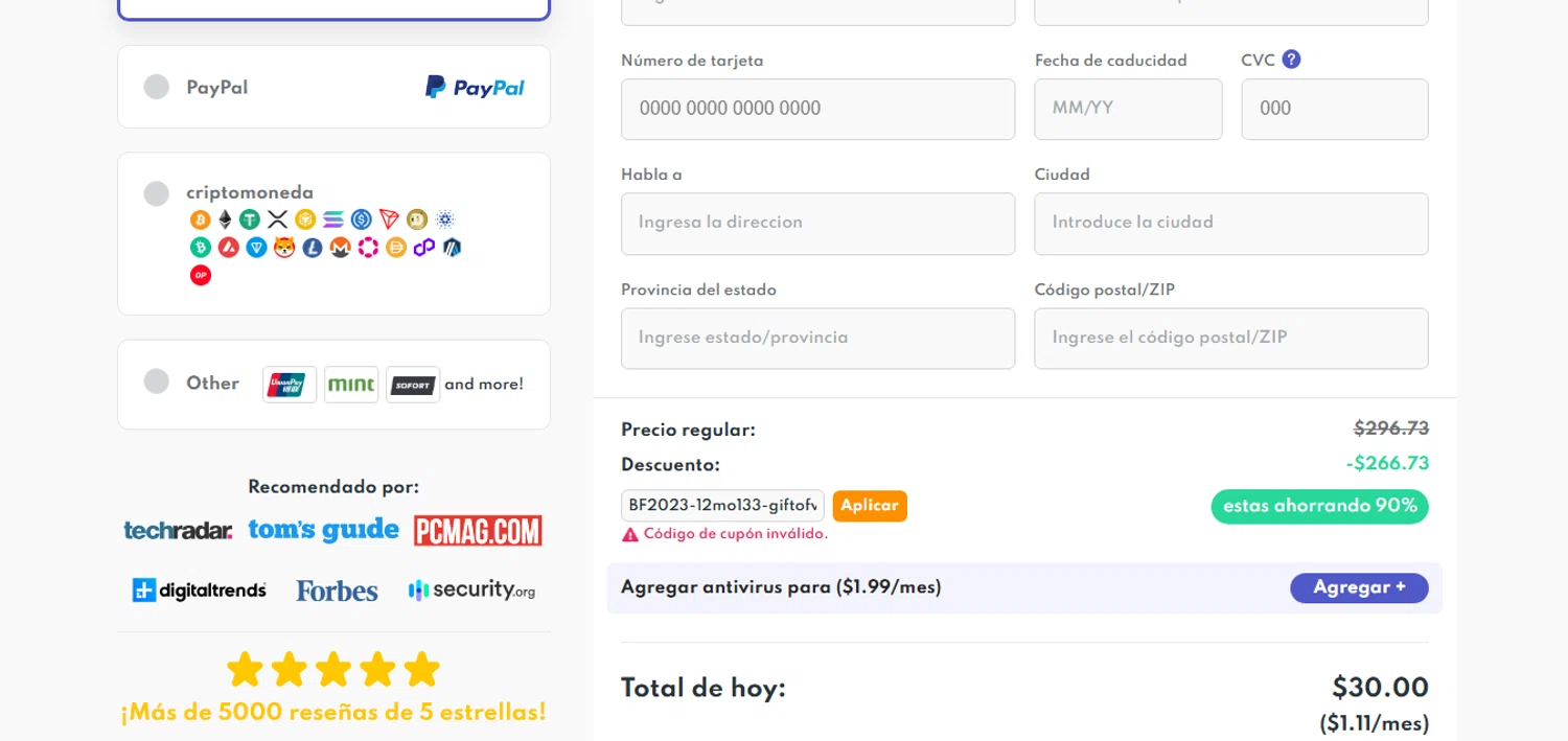 PrivadoVPN promo code screenshot showing code BF2023-12mo133-giftofvpn applied at PrivadoVPN checkout page. Uploaded by SimplyCodes community member CashAce9852 on Dec 19, 2025