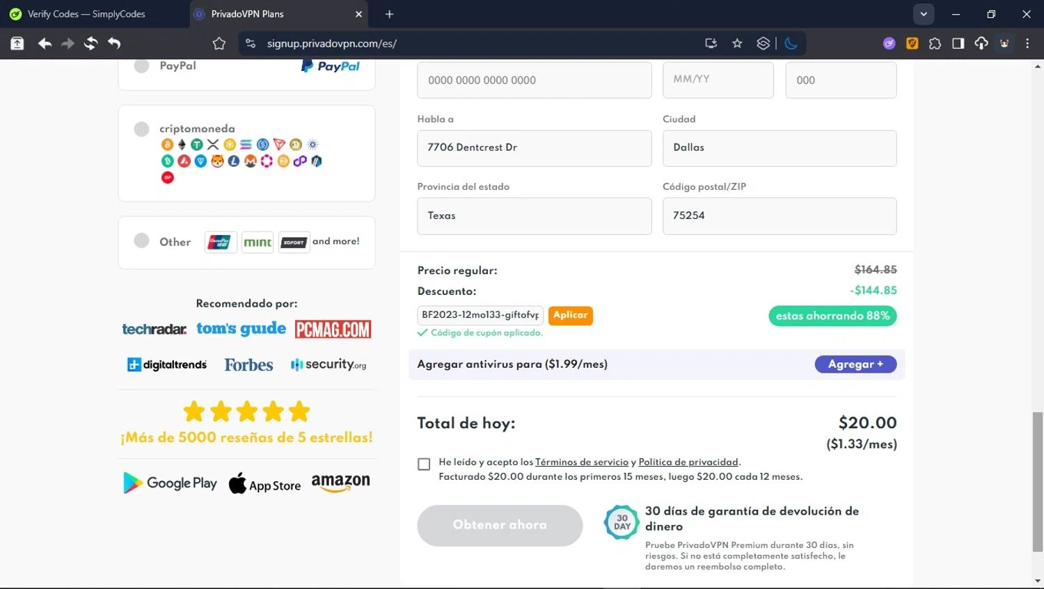 PrivadoVPN promo code screenshot showing code BF2023-12mo133-giftofvpn applied at PrivadoVPN checkout page. Uploaded by SimplyCodes community member PromoSpotter1784 on Nov 20, 2025