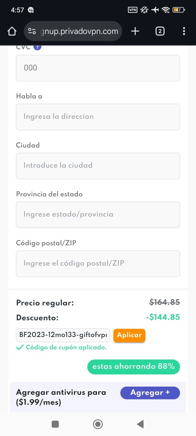 PrivadoVPN checkout page showing PrivadoVPN promo code box | Screenshot taken by SimplyCodes community member on Oct 2, 2025