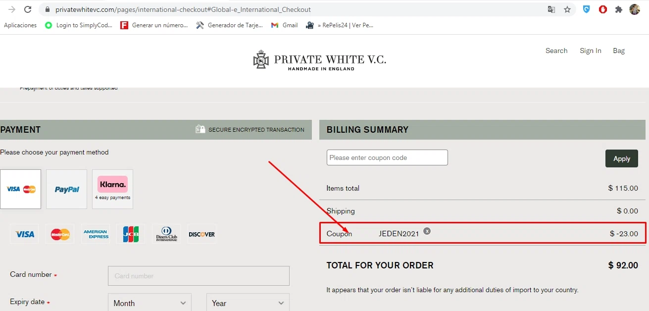 Private White VC checkout page showing Private White VC discount code box | Screenshot taken by SimplyCodes community member on Apr 21, 2021