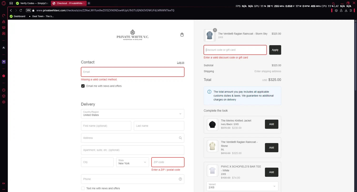 Private White VC discount code screenshot showing code EXTRA10 applied at Private White VC checkout page. Uploaded by SimplyCodes community member luissi on Jan 17, 2025