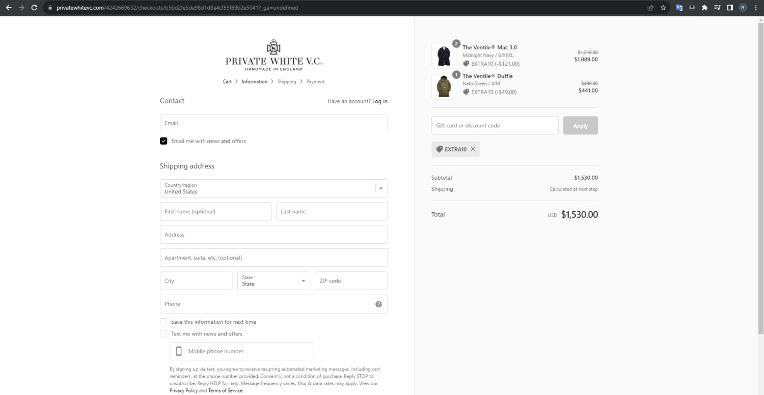 Private White VC checkout page showing Private White VC discount code box | Screenshot taken by SimplyCodes community member on Aug 18, 2023