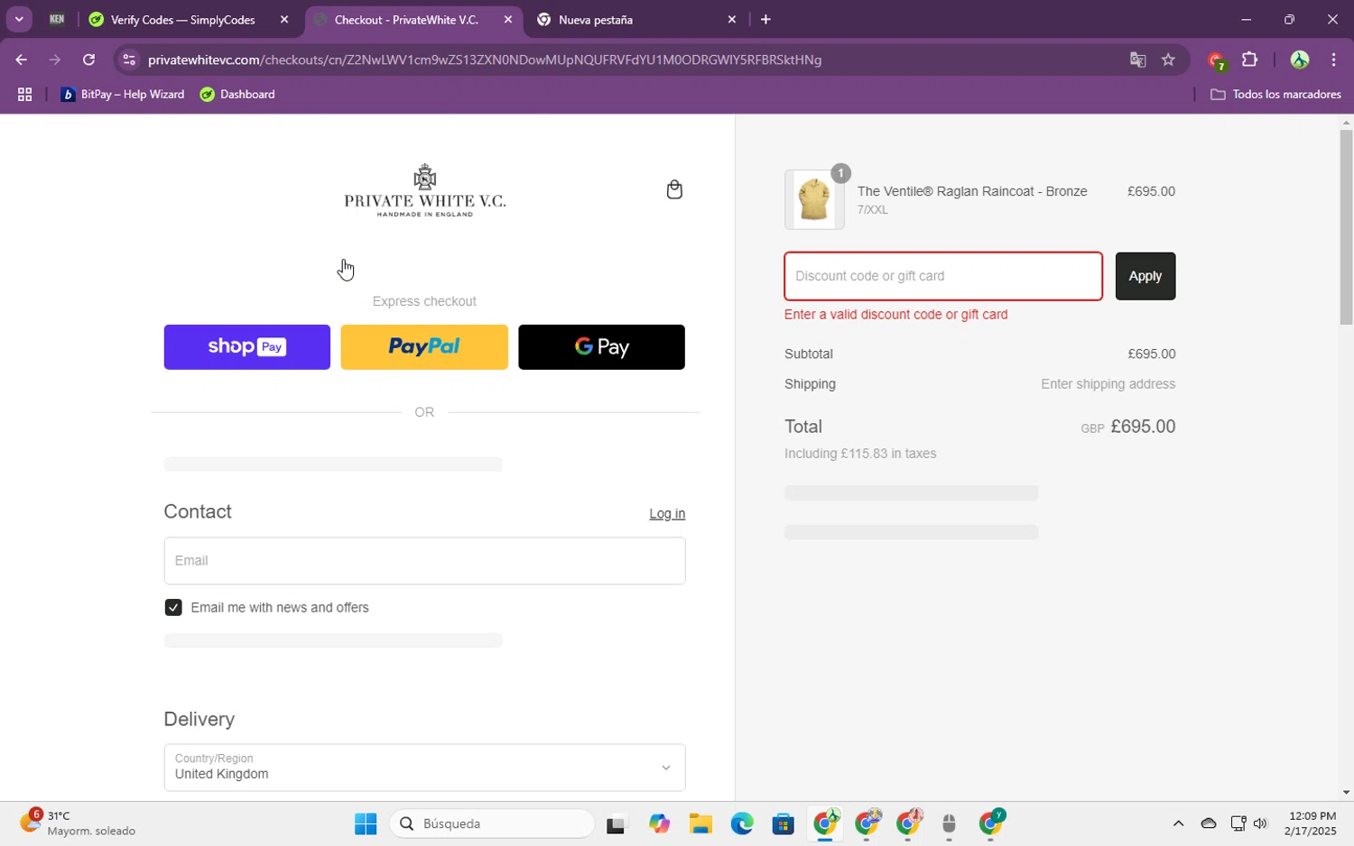 Private White VC discount code screenshot showing code EXTRA10 applied at Private White VC checkout page. Uploaded by SimplyCodes community member jungrimar on Feb 17, 2025