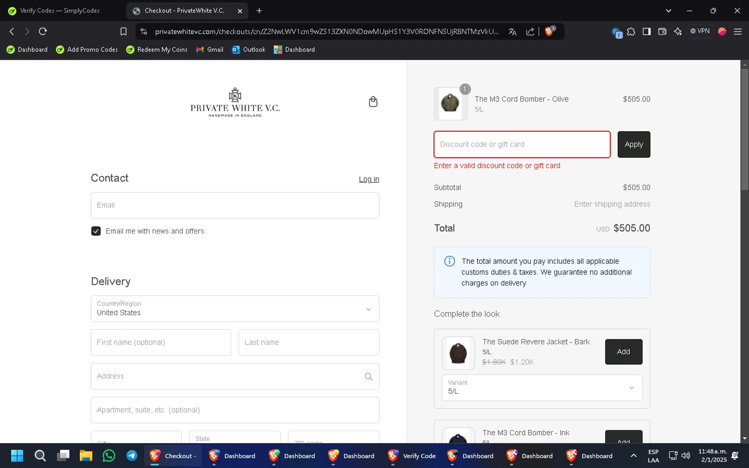 Private White VC discount code screenshot showing code RIKESH10 applied at Private White VC checkout page. Uploaded by SimplyCodes community member Wukong on Jan 2, 2025