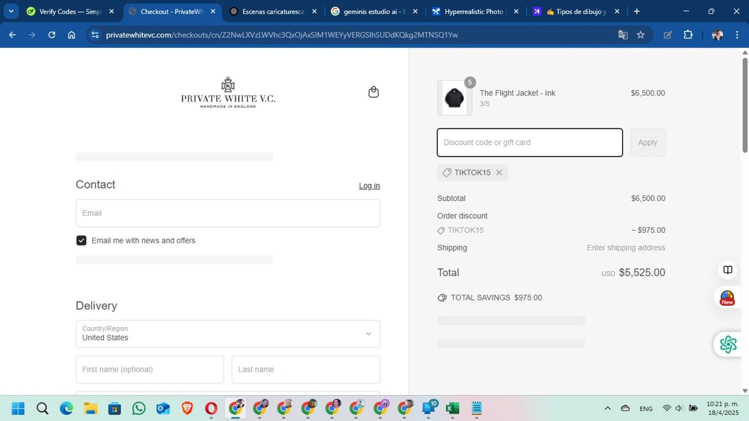 Private White VC checkout page showing Private White VC discount code box | Screenshot taken by SimplyCodes community member on Apr 19, 2025