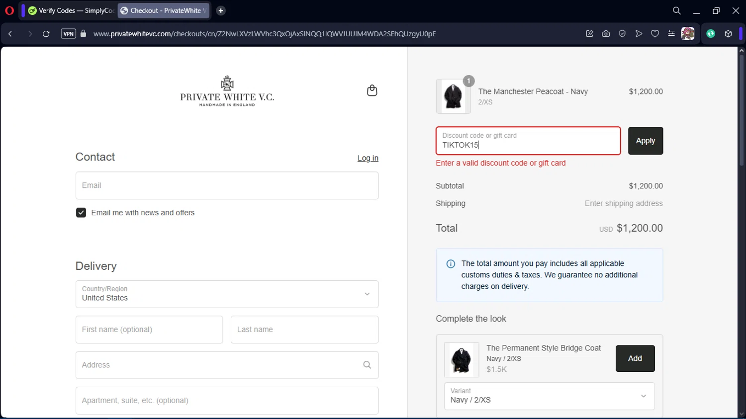 Private White VC discount code screenshot showing code TIKTOK15 applied at Private White VC checkout page. Uploaded by SimplyCodes community member Juliet on Apr 25, 2025