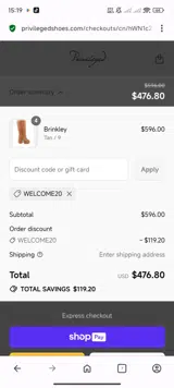 WELCOME20 coupon verification screenshot