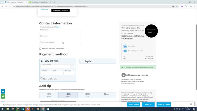 Prizeo checkout page showing Prizeo promo code box | Screenshot taken by SimplyCodes community member on May 8, 2025