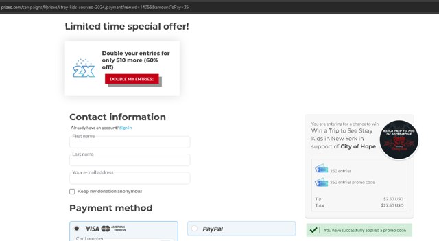Prizeo checkout page showing Prizeo promo code box | Screenshot taken by SimplyCodes community member on May 9, 2025
