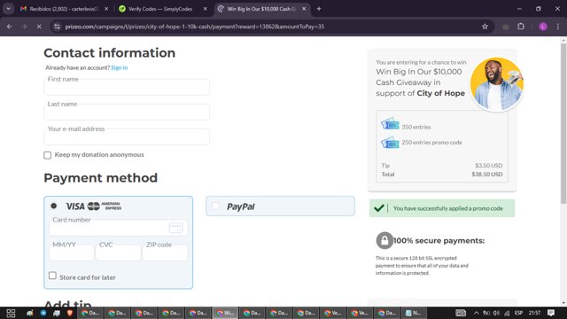 Prizeo checkout page showing Prizeo promo code box | Screenshot taken by SimplyCodes community member on Feb 10, 2025