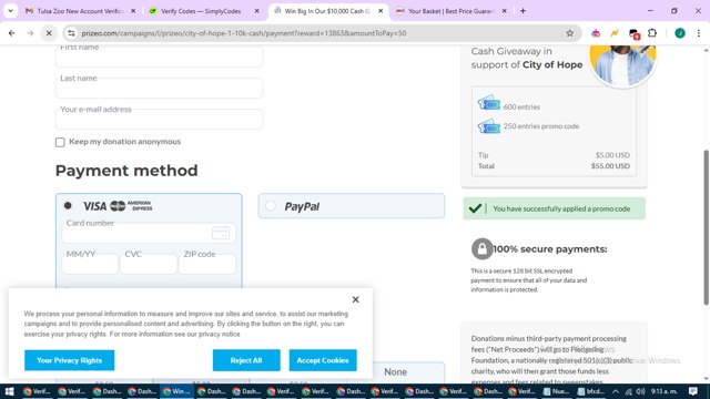 Prizeo checkout page showing Prizeo promo code box | Screenshot taken by SimplyCodes community member on Apr 9, 2025