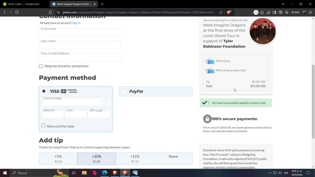Prizeo checkout page showing Prizeo promo code box | Screenshot taken by SimplyCodes community member on Sep 17, 2024