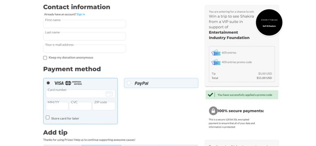 Prizeo checkout page showing Prizeo promo code box | Screenshot taken by SimplyCodes community member on May 16, 2025