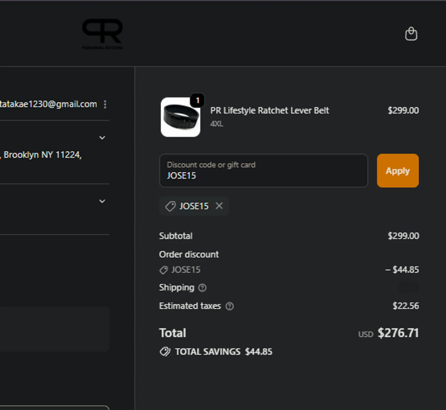 PR Lifestyle discount code screenshot showing code JOSE15 applied at PR Lifestyle checkout page. Uploaded by SimplyCodes community member FIREINTHEHOLE on Nov 23, 2025