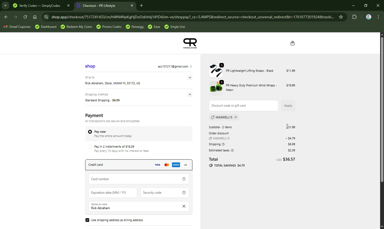 PR Lifestyle discount code screenshot showing code MAXWELL15 applied at PR Lifestyle checkout page. Uploaded by SimplyCodes community member LHaunter2 on Oct 21, 2025