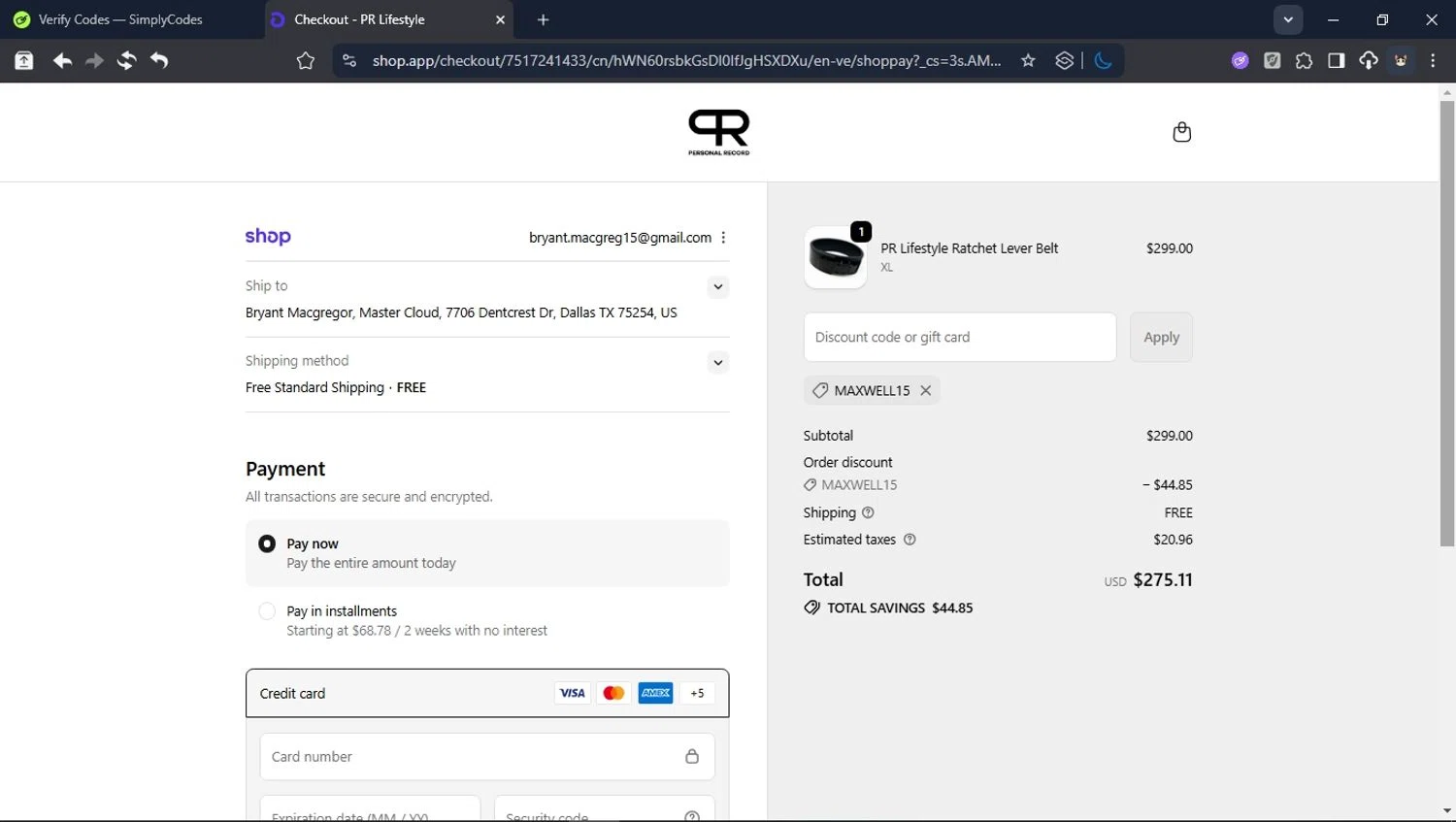 PR Lifestyle discount code screenshot showing code MAXWELL15 applied at PR Lifestyle checkout page. Uploaded by SimplyCodes community member USER_RANDON on Dec 3, 2025