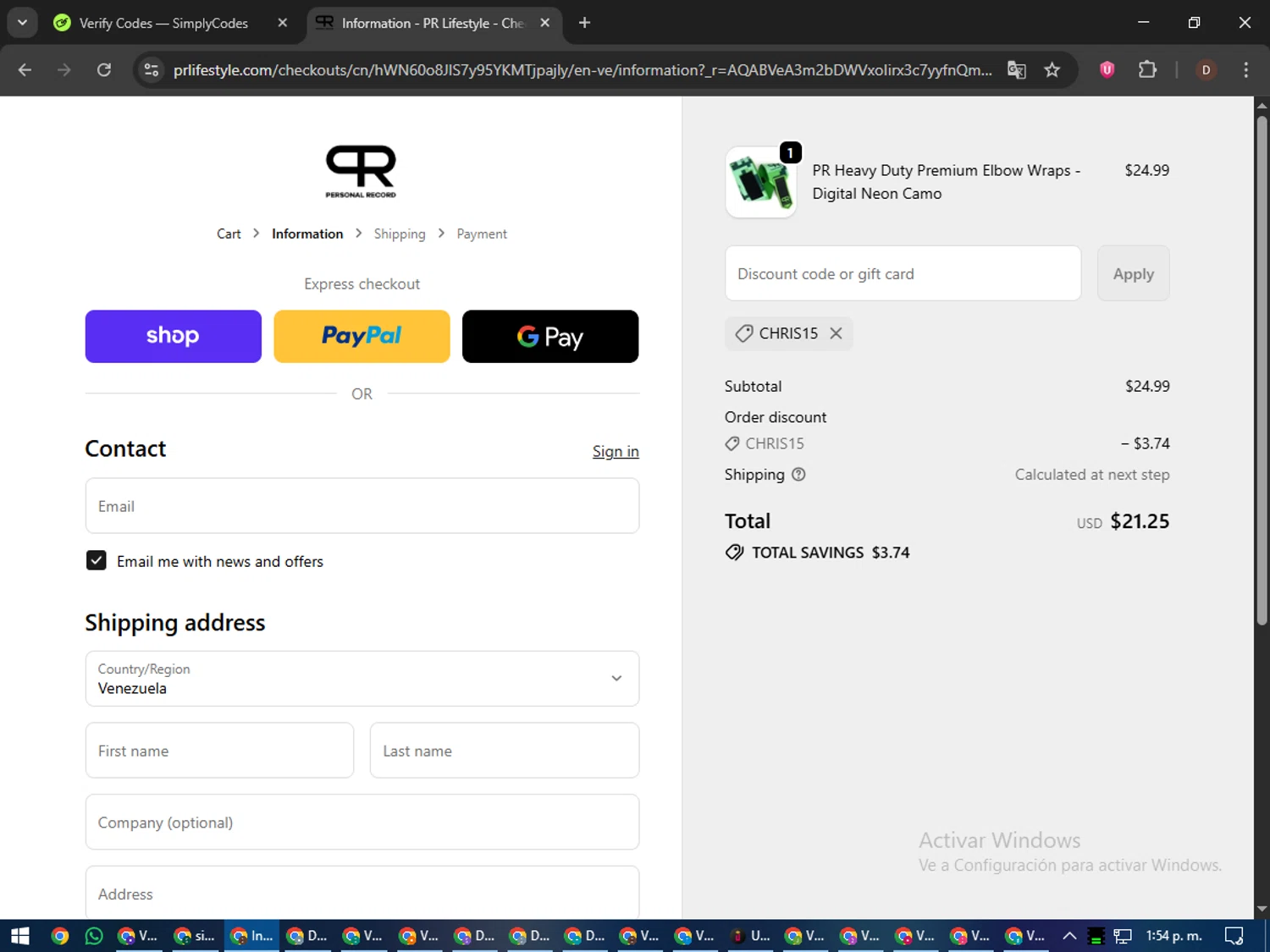 PR Lifestyle discount code screenshot showing code CHRIS15 applied at PR Lifestyle checkout page. Uploaded by SimplyCodes community member liltecca on Dec 3, 2025