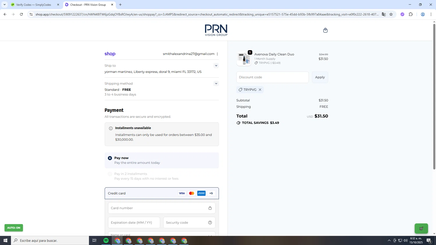 PRN Vision promo code screenshot showing code TRYPVG applied at PRN Vision checkout page. Uploaded by SimplyCodes community member INSECTOS on Oct 15, 2025