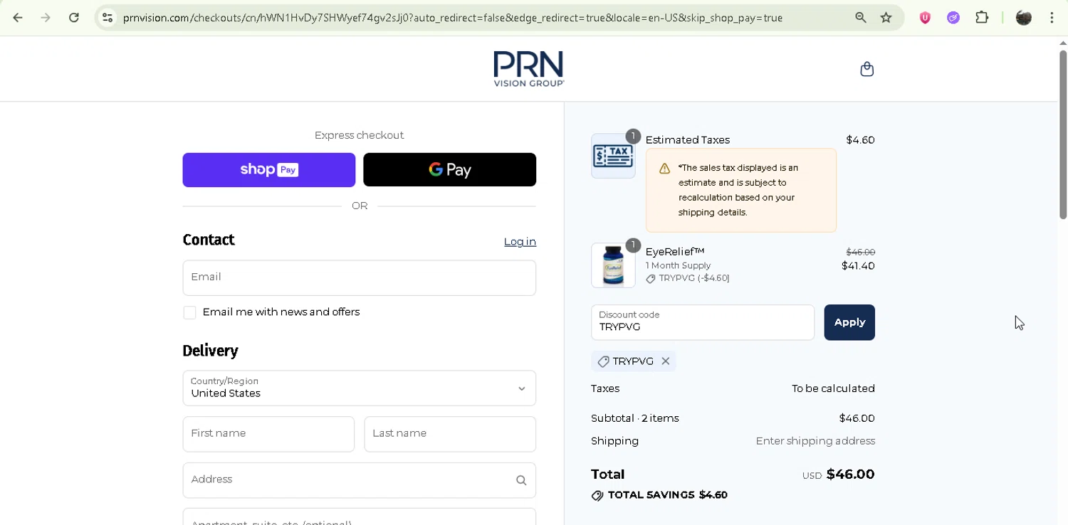 PRN Vision promo code screenshot showing code TRYPVG applied at PRN Vision checkout page. Uploaded by SimplyCodes community member Jesusvasquezzz on Aug 1, 2025
