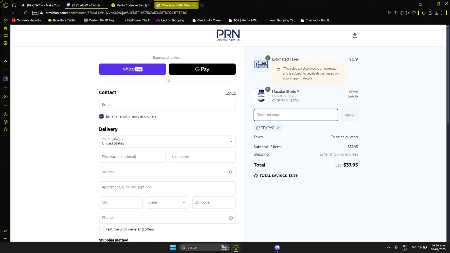 PRN Vision promo code screenshot showing code TRYPVG applied at PRN Vision checkout page. Uploaded by SimplyCodes community member Gatopan on Apr 9, 2025