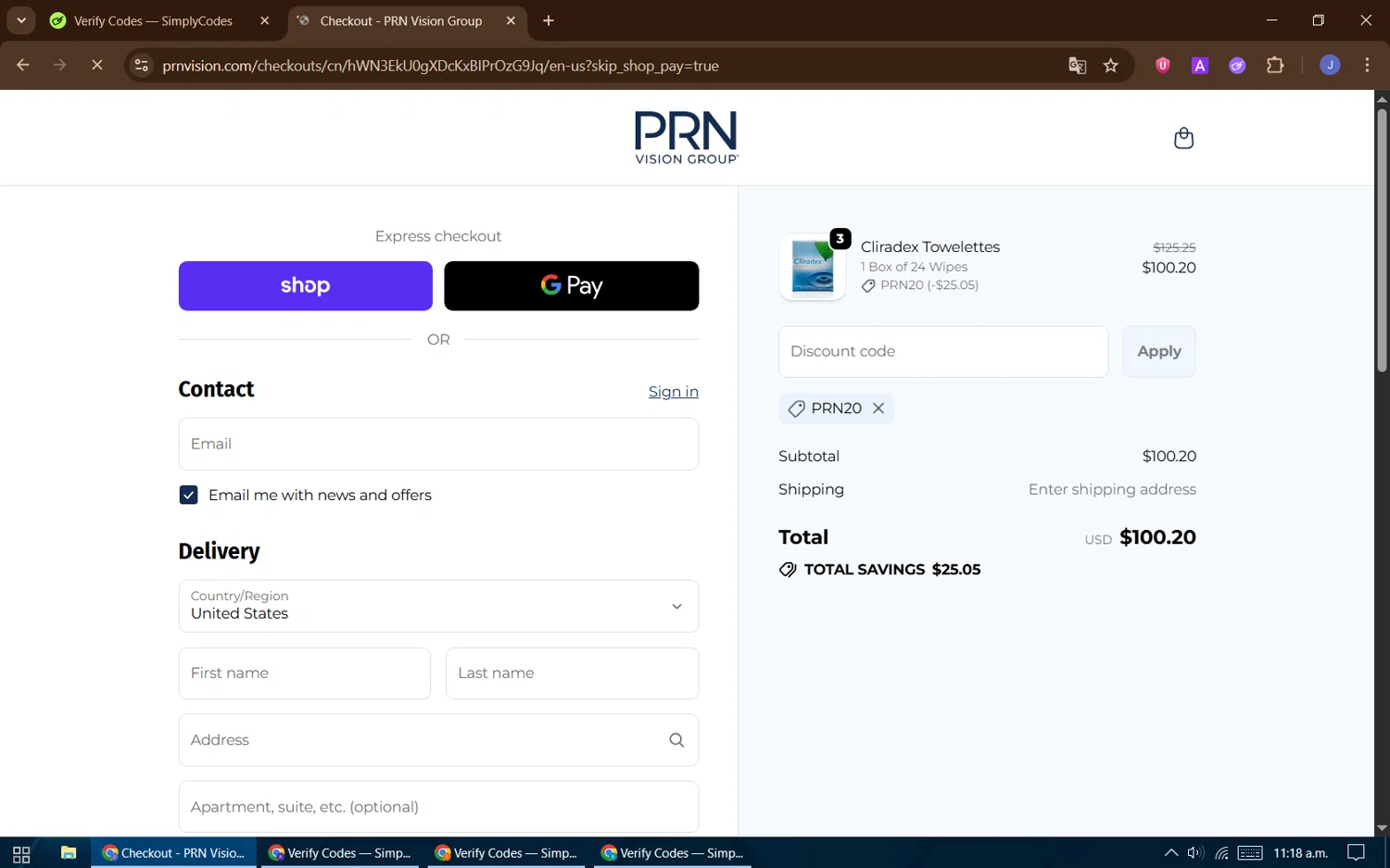 PRN Vision promo code screenshot showing code PRN20 applied at PRN Vision checkout page. Uploaded by SimplyCodes community member DealFinder1711 on Sep 21, 2025