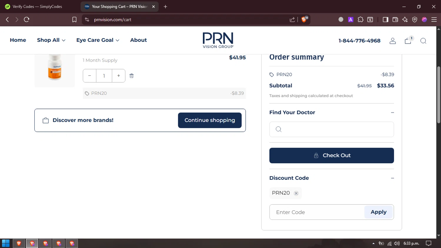 PRN Vision promo code screenshot showing code PRN20 applied at PRN Vision checkout page. Uploaded by SimplyCodes community member FrugalMaverick6013 on Sep 8, 2025