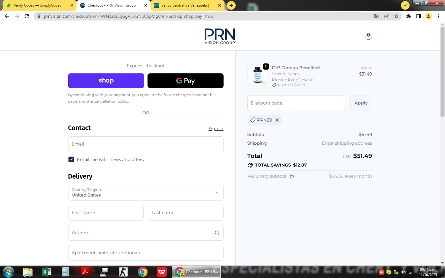 PRN Vision promo code screenshot showing code PRN20 applied at PRN Vision checkout page. Uploaded by SimplyCodes community member QuestSage1300 on Oct 11, 2025
