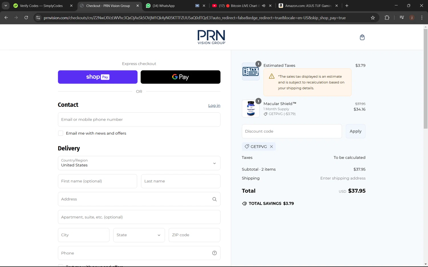 PRN Vision promo code screenshot showing code GETPVG applied at PRN Vision checkout page. Uploaded by SimplyCodes community member juanx1702 on Mar 6, 2025