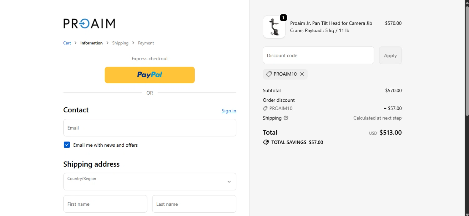 Proaim discount code screenshot showing code PROAIM10 applied at Proaim checkout page. Uploaded by SimplyCodes community member ______________ on Dec 4, 2025