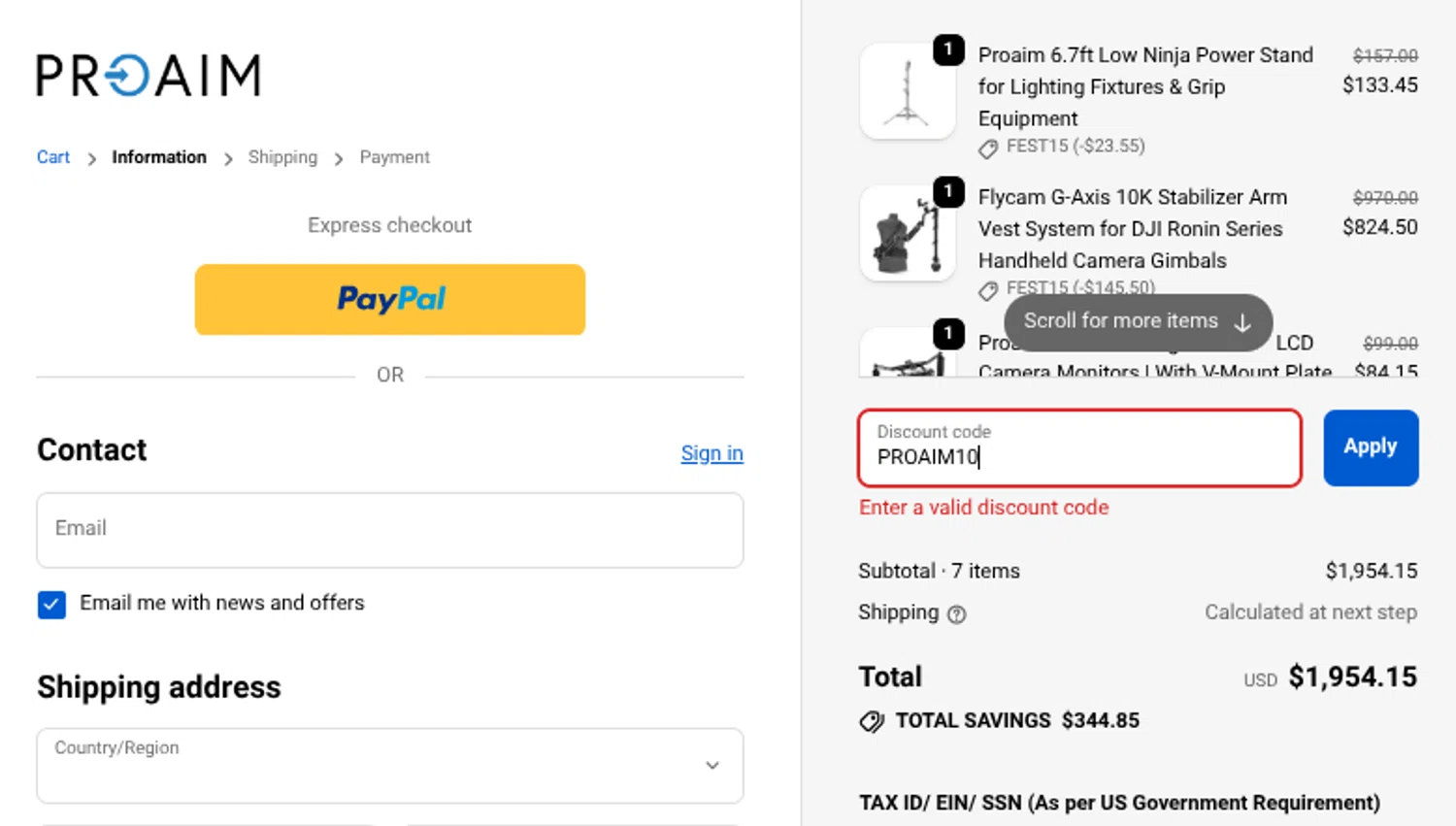Proaim discount code screenshot showing code PROAIM10 applied at Proaim checkout page. Uploaded by SimplyCodes community member Mosue17 on Dec 23, 2025