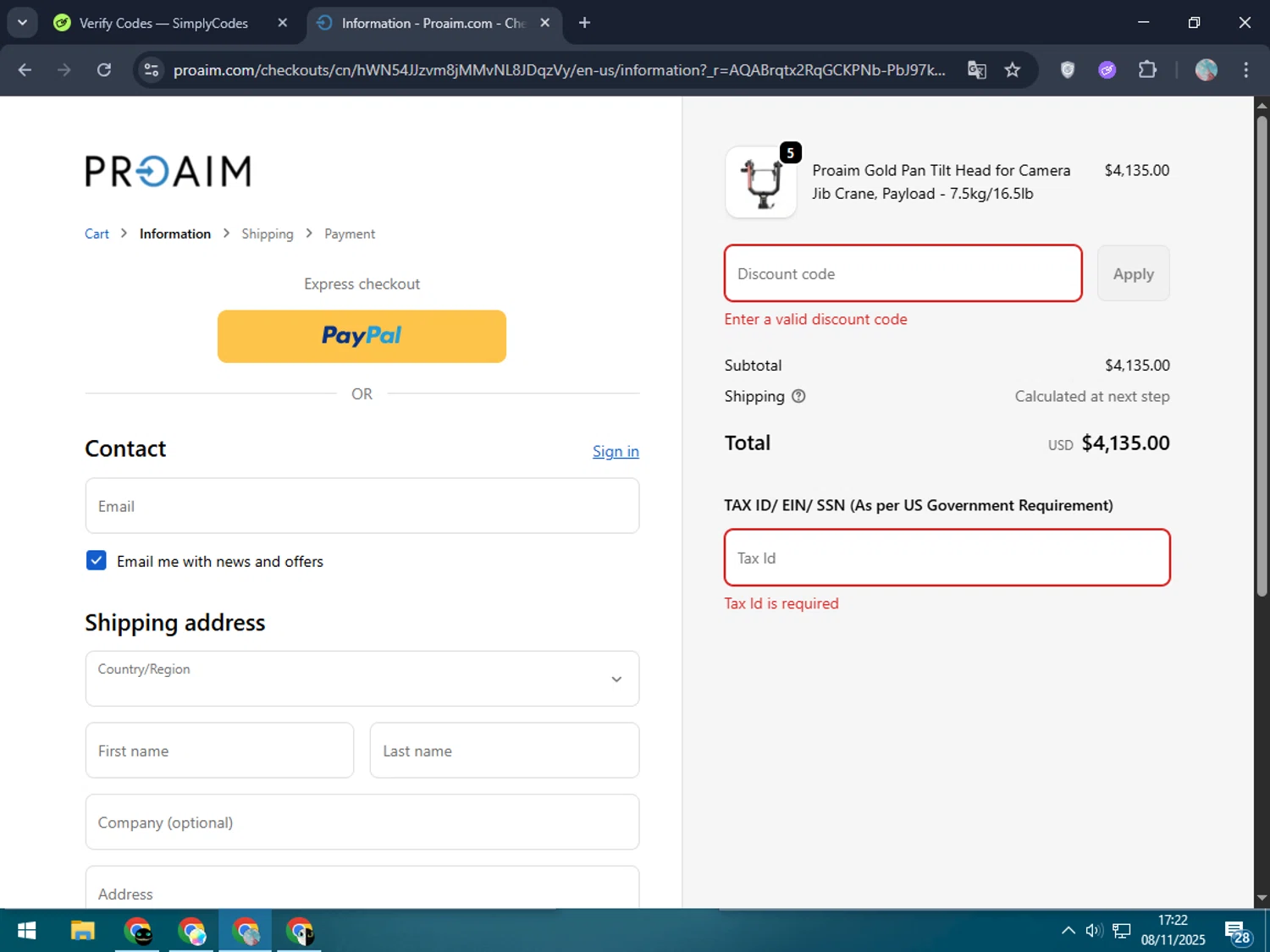 Proaim discount code screenshot showing code MQXGC37D applied at Proaim checkout page. Uploaded by SimplyCodes community member LegendaryPro7106 on Nov 8, 2025