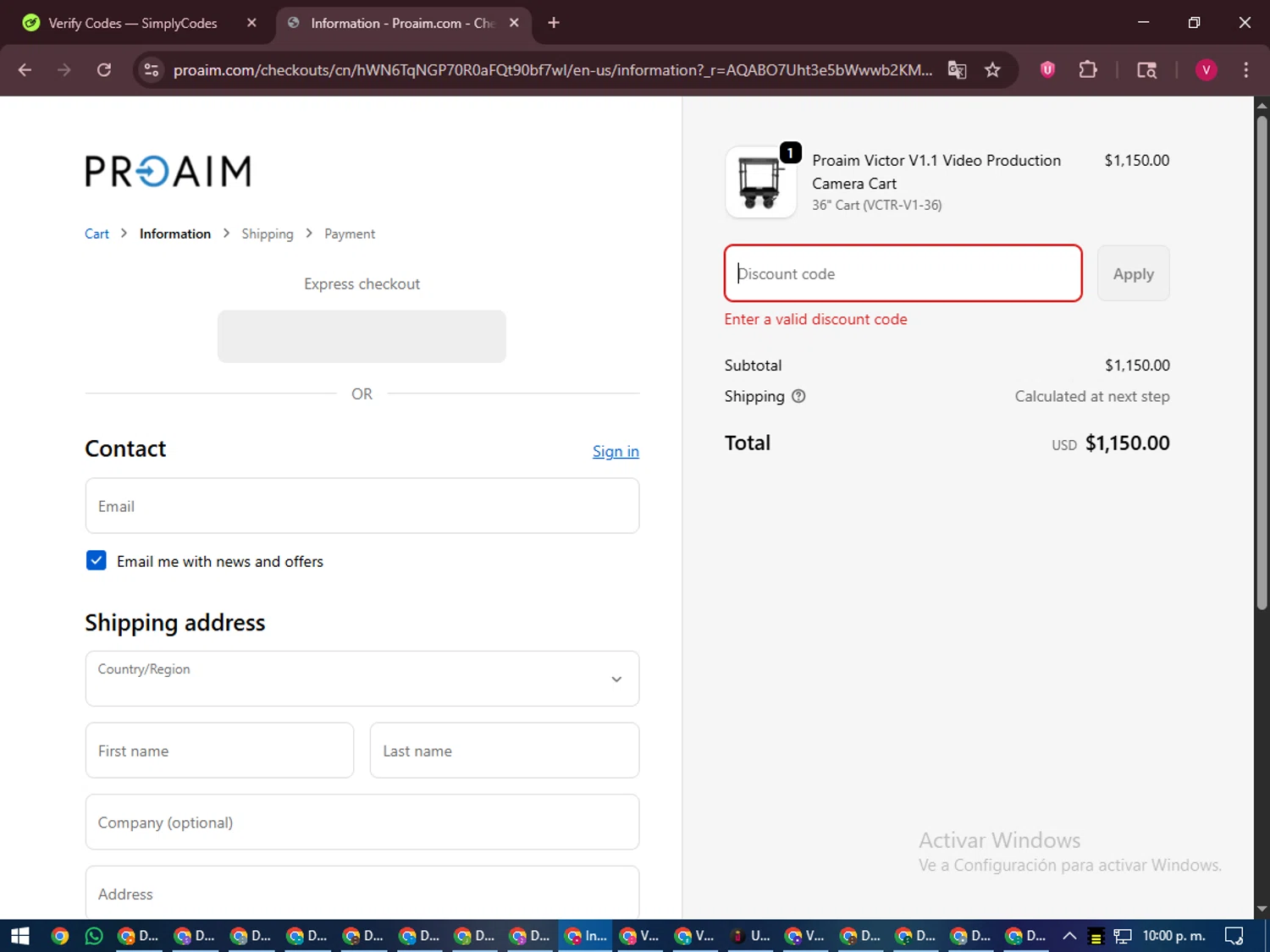 Proaim discount code screenshot showing code 95Z2RXHC applied at Proaim checkout page. Uploaded by SimplyCodes community member ShieldEagle6102 on Dec 16, 2025