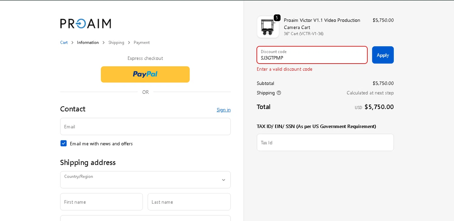 Proaim discount code screenshot showing code SJ3GTPMP applied at Proaim checkout page. Uploaded by SimplyCodes community member SmartWhiz589 on Dec 16, 2025
