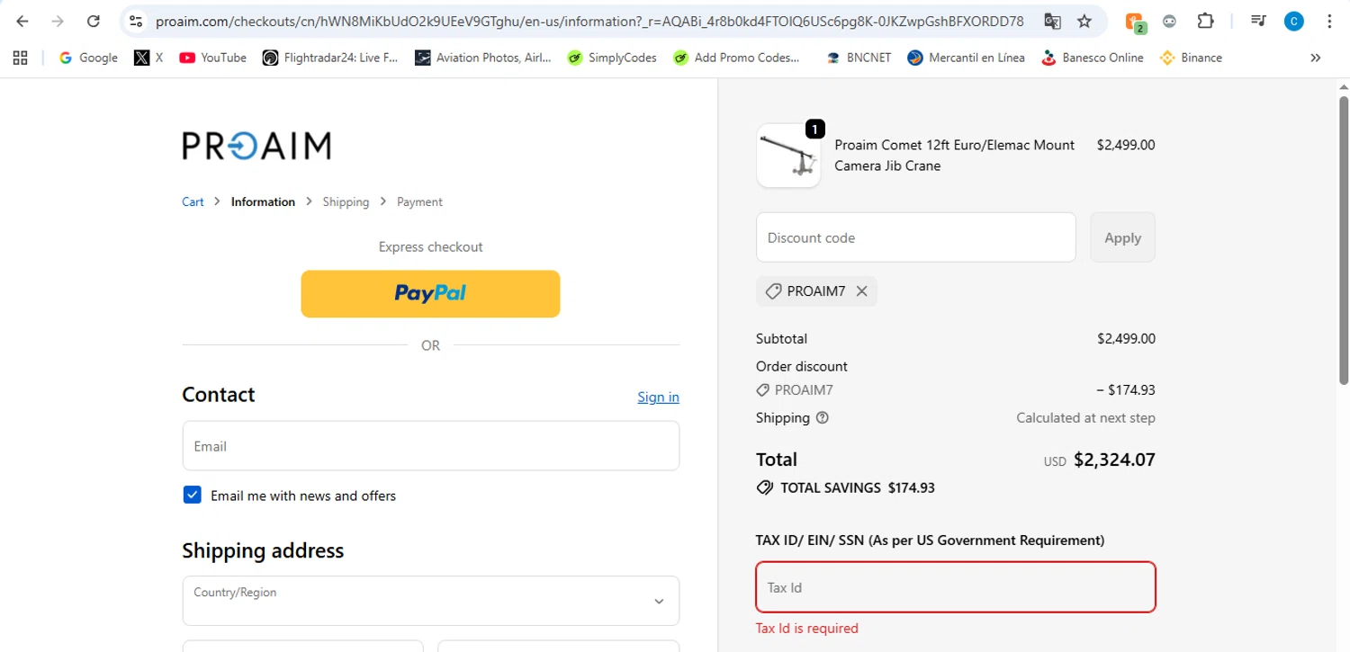Proaim discount code screenshot showing code PROAIM7 applied at Proaim checkout page. Uploaded by SimplyCodes community member victor on Feb 3, 2026