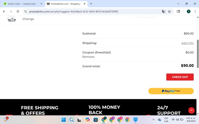 ProAnabolics.com checkout page showing ProAnabolics.com promo code box | Screenshot taken by SimplyCodes community member on Aug 9, 2025