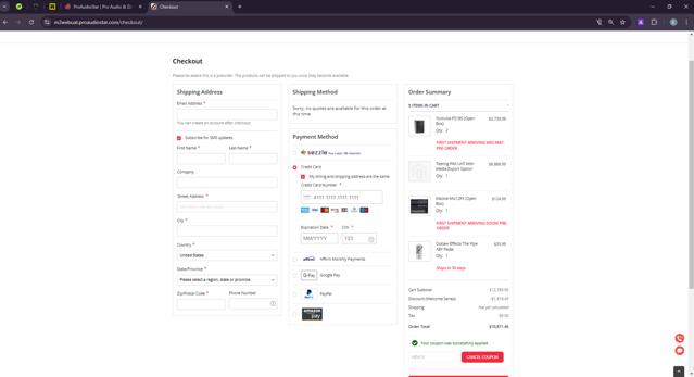 ProAudioStar checkout page showing ProAudioStar discount code box | Screenshot taken by SimplyCodes community member on Jan 7, 2025