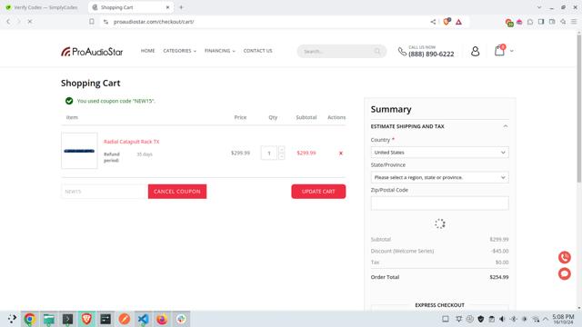 ProAudioStar checkout page showing ProAudioStar discount code box | Screenshot taken by SimplyCodes community member on Oct 16, 2024