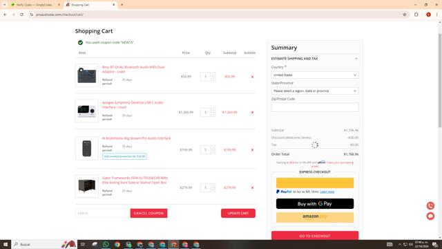 ProAudioStar checkout page showing ProAudioStar discount code box | Screenshot taken by SimplyCodes community member on Oct 22, 2024