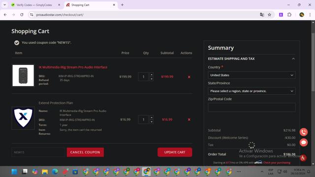 ProAudioStar checkout page showing ProAudioStar discount code box | Screenshot taken by SimplyCodes community member on Oct 26, 2024