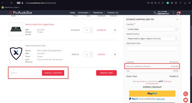 ProAudioStar checkout page showing ProAudioStar discount code box | Screenshot taken by SimplyCodes community member on Dec 1, 2024