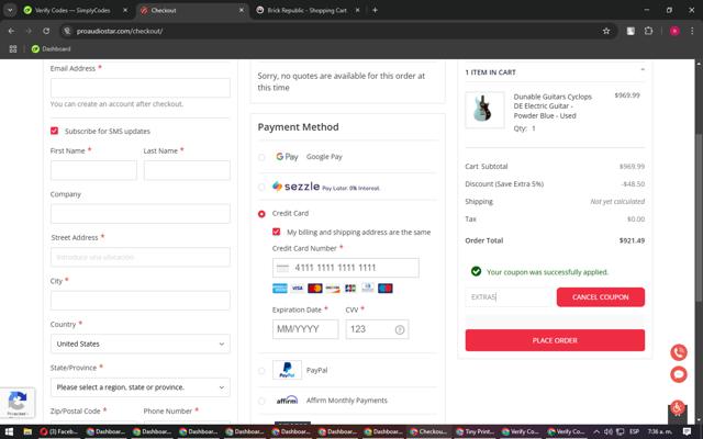 ProAudioStar checkout page showing ProAudioStar discount code box | Screenshot taken by SimplyCodes community member on Mar 17, 2025