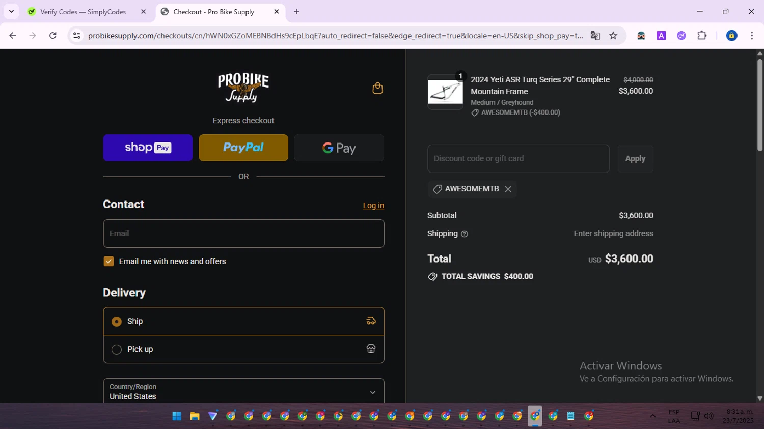 Pro Bike Supply discount code screenshot showing code AWESOMEMTB applied at Pro Bike Supply checkout page. Uploaded by SimplyCodes community member SwiftWarden6832 on Jul 23, 2025