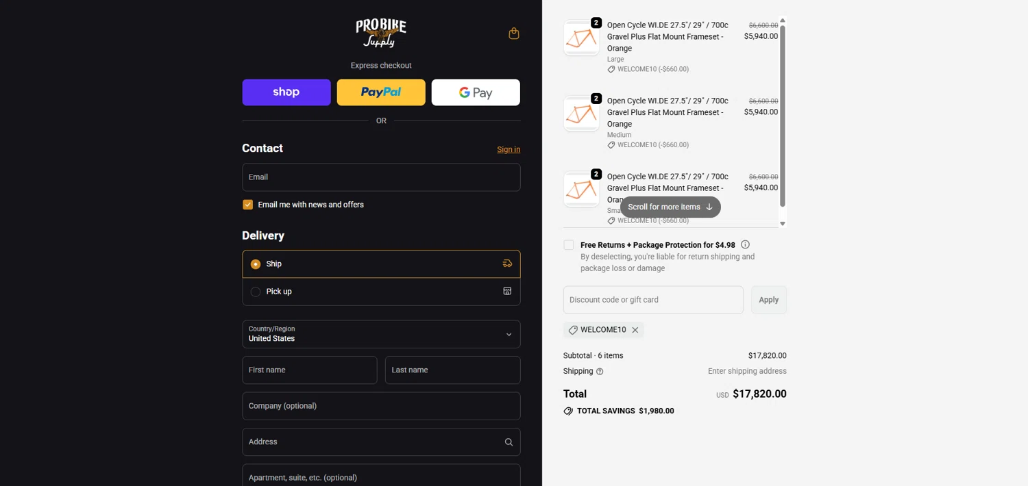 Pro Bike Supply discount code screenshot showing code WELCOME10 applied at Pro Bike Supply checkout page. Uploaded by SimplyCodes community member JohnSimply on Oct 23, 2025