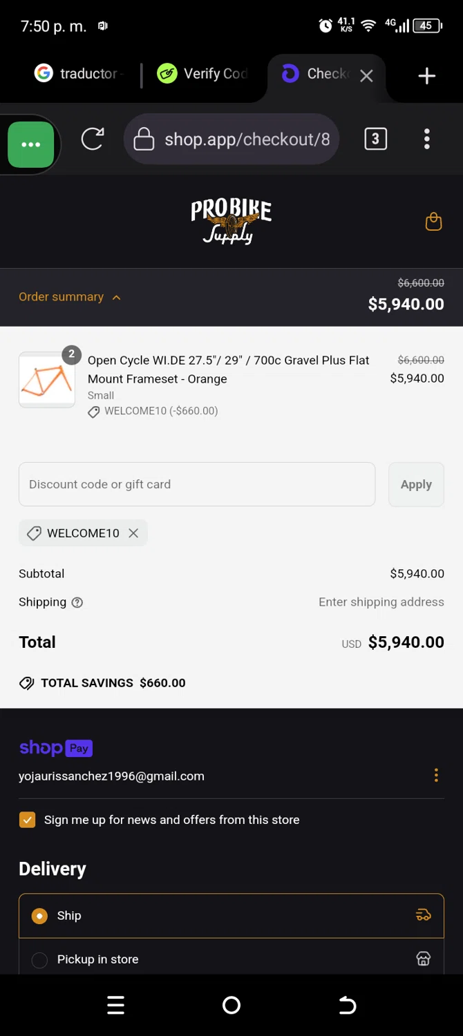 Pro Bike Supply discount code screenshot showing code WELCOME10 applied at Pro Bike Supply checkout page. Uploaded by SimplyCodes community member Carolisea on Jun 15, 2025