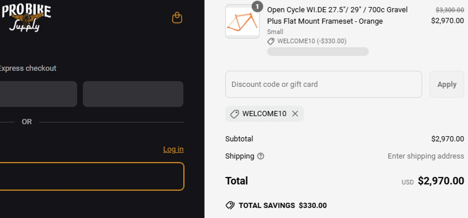 Pro Bike Supply discount code screenshot showing code WELCOME10 applied at Pro Bike Supply checkout page. Uploaded by SimplyCodes community member PASAJERO_TRUMAN on Jun 4, 2025