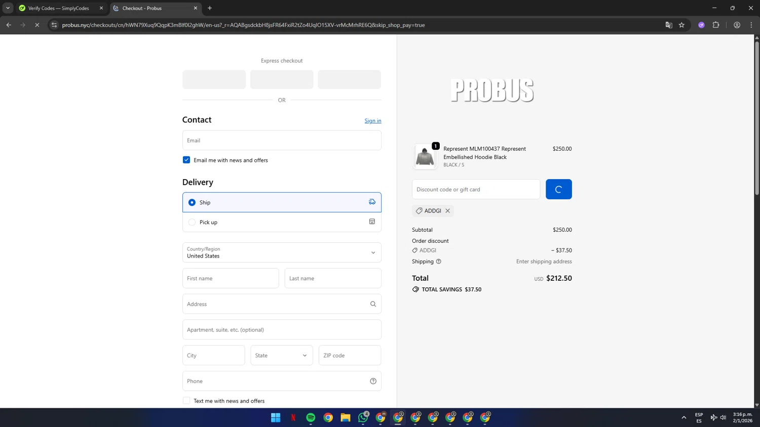 Probus checkout page showing Probus promo code box | Screenshot taken by SimplyCodes community member on Jan 2, 2026