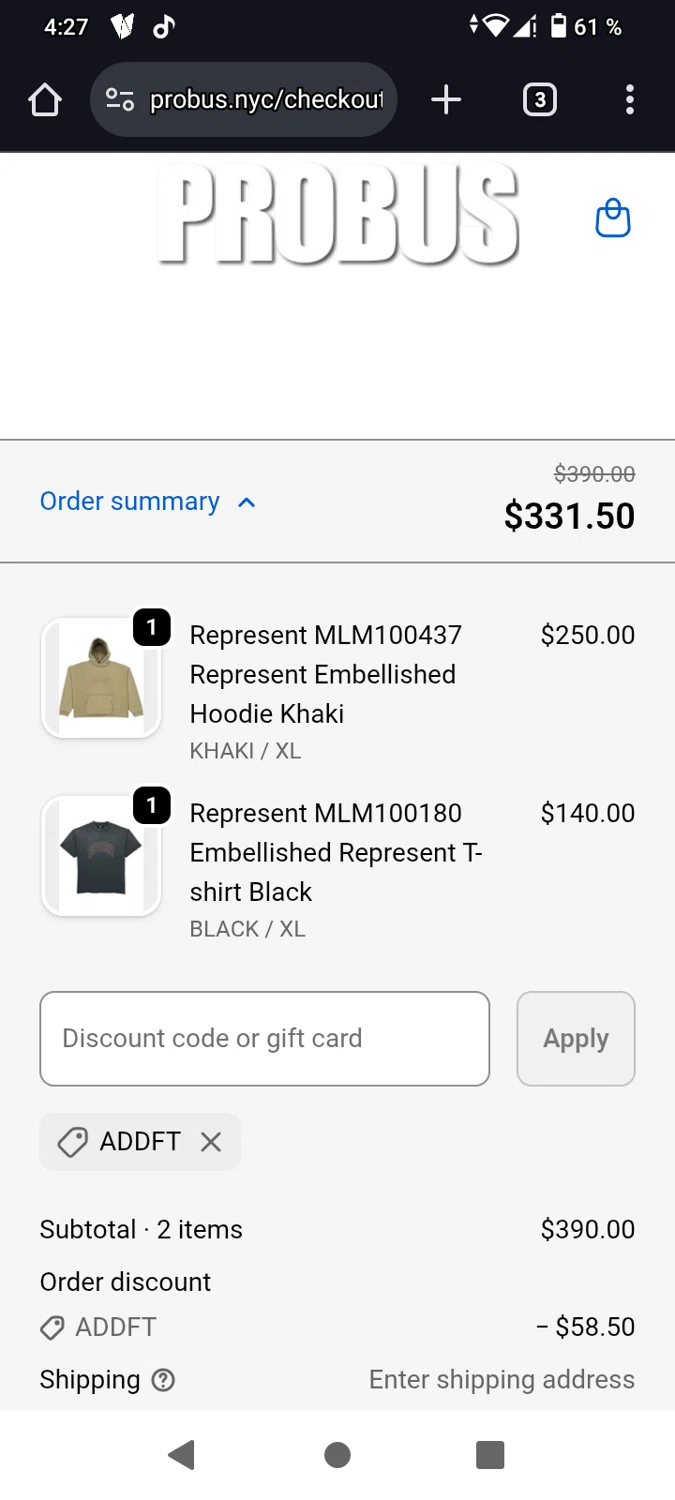 Probus promo code screenshot showing code ADDFT applied at Probus checkout page. Uploaded by SimplyCodes community member Jerusalen on Dec 21, 2025