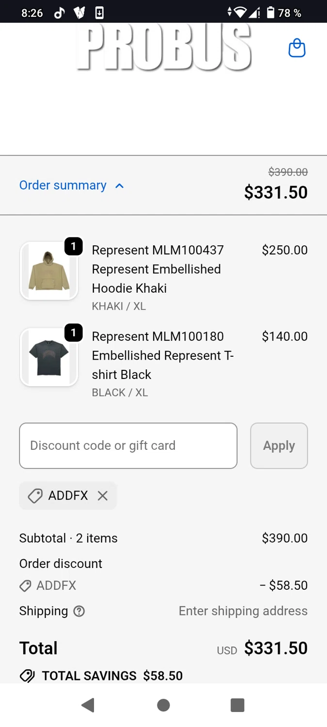 Probus promo code screenshot showing code ADDFX applied at Probus checkout page. Uploaded by SimplyCodes community member Jerusalen on Dec 26, 2025